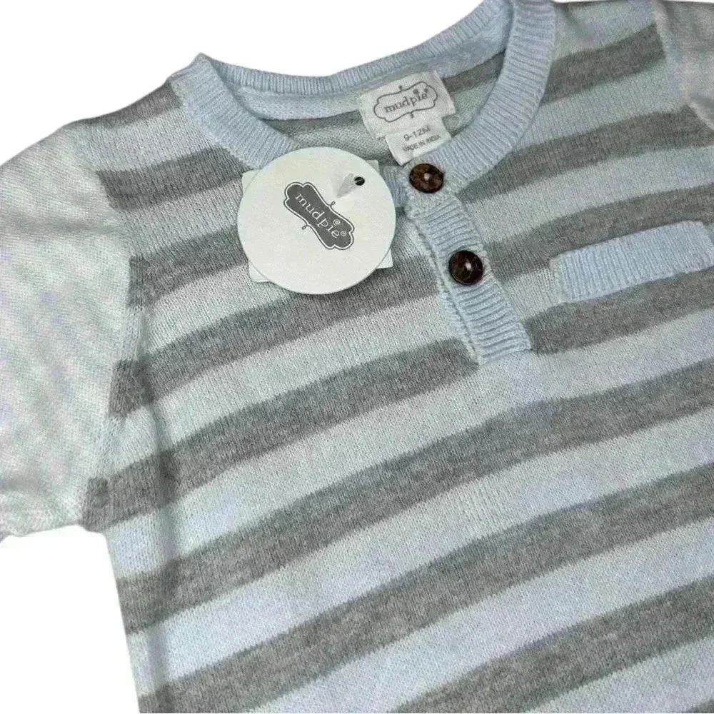 NWT - Mudpie Knit Blue & Gray Striped One Piece - Size 9-12m - Picture 2 of 4